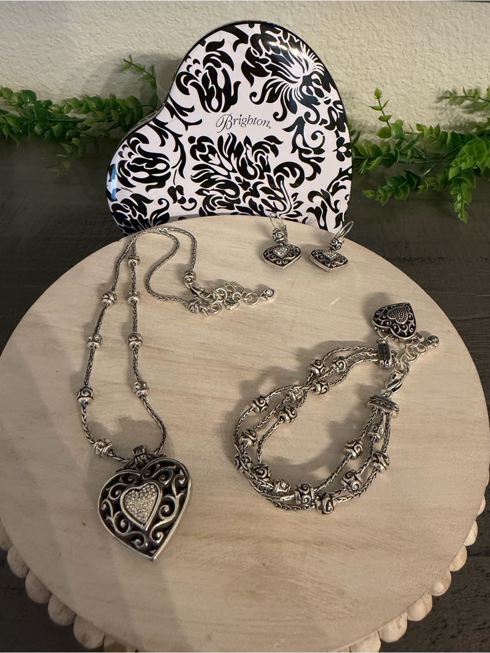 Brighton Silver Heart Filigree Necklace, Bracelet & Earrings Set